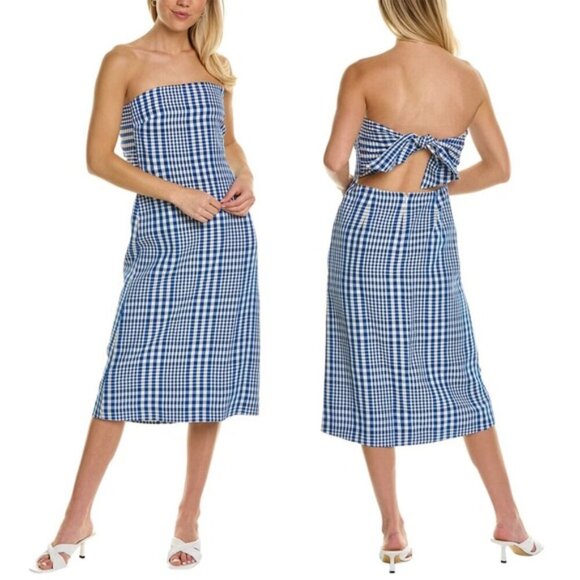 Theory Linen Blend Phyly Strapless Tie-Back Midi Dress Blue Plaid size 10 NWOT - Picture 1 of 6